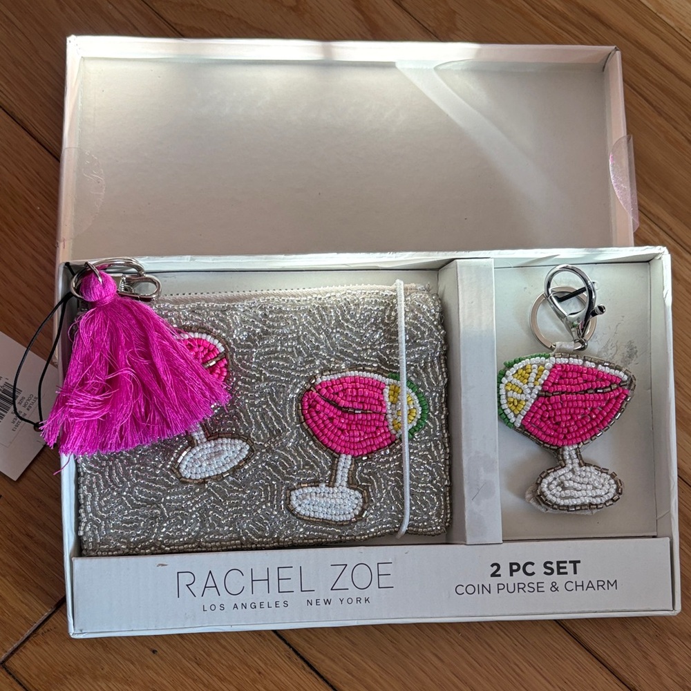 Rachel Zoe Pink and Silver Beaded Coin Purse Set with Keychain NWT